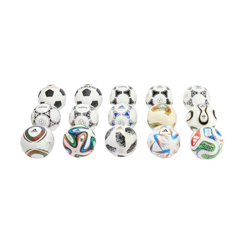 Fifteen Adidas soccer balls with various historical and modern designs, arranged in a three-by-five grid on a solid black background.