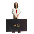 A woman in a white Adidas jacket holds a large black box featuring gold Adidas and FIFA World Cup 26 logos.