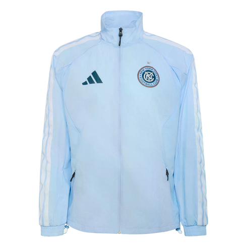 Light blue Adidas New York City FC tracksuit jacket with navy blue logo, team crest on the chest, and white stripes on the sleeves. Features a full zipper and high collar.