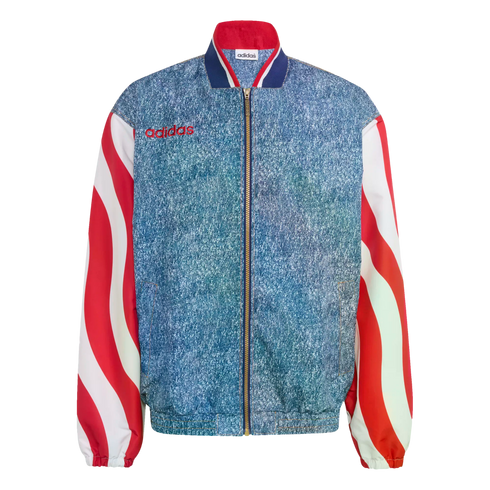 An Adidas zip-up jacket with a blue stonewashed denim-look body and red and white wavy-striped sleeves, set against a black background.