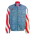 An Adidas zip-up jacket with a blue stonewashed denim-look body and red and white wavy-striped sleeves, set against a black background.