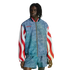 A person with dreadlocks models a blue acid-wash Adidas jacket with red and white wavy striped sleeves and matching shorts against a black background.