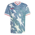 A vintage Adidas soccer jersey featuring a blue denim-effect pattern and large white stars. It has a white V-neck collar and sleeve cuffs, both with red trim.