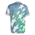 Back view of a blue, denim-textured t-shirt featuring scattered large white stars and red and white trim on the collar and sleeves.