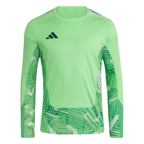 A light green long-sleeved Adidas sports jersey featuring dark green geometric patterns on the side panels and underarms.