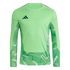 A light green long-sleeved Adidas sports jersey featuring dark green geometric patterns on the side panels and underarms.