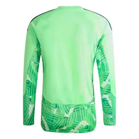Back view of a long-sleeved green athletic jersey with a solid light-green center and geometric maze patterns on the sleeves and bottom hem.