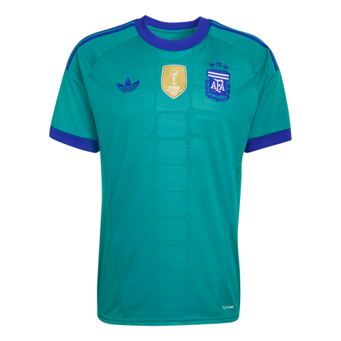 Teal Argentina football jersey with purple trim, featuring the gold FIFA World Champions 2022 patch, AFA crest with three stars, and an Adidas trefoil logo.