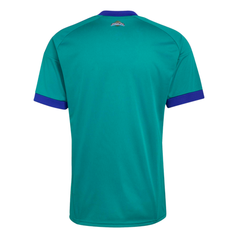 Rear view of a teal athletic jersey with dark blue collar and sleeve trim. A small "ARGENTINA" sun logo is centered on the upper back.