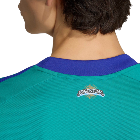 Close-up of the back of a person wearing a teal jersey with a blue collar. A logo on the upper back features the word "ARGENTINA" with a sun emblem.