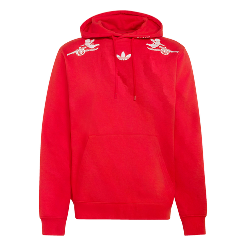 A red Adidas hoodie featuring a white trefoil logo on the chest and white graphics of cupids riding cannons on each shoulder.