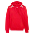 A red Adidas hoodie featuring a white trefoil logo on the chest and white graphics of cupids riding cannons on each shoulder.