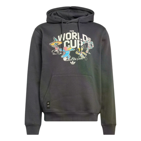 Charcoal grey Adidas hoodie with a colorful graphic of FIFA World Cup mascots and the text "FIFA WORLD CUP" and "Football with friends."