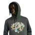 A young man with dreadlocks wearing a dark grey Adidas FIFA World Cup hoodie with colorful cartoon graphics on the front.
