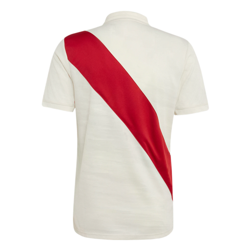 Back view of an off-white short-sleeved shirt with a wide red diagonal sash running from the upper left shoulder to the lower right.