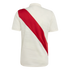 Back view of an off-white short-sleeved shirt with a wide red diagonal sash running from the upper left shoulder to the lower right.