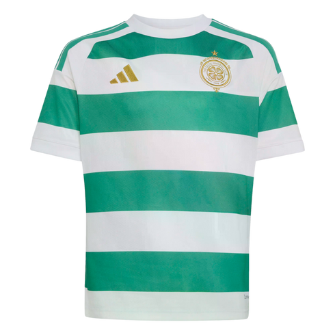 Celtic FC home football jersey with green and white horizontal hoops, featuring a gold Adidas logo and gold club crest.