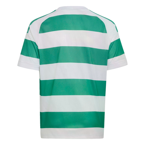 The back view of a short-sleeved sports jersey with horizontal green and white stripes (hoops) on a white background.