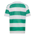 The back view of a short-sleeved sports jersey with horizontal green and white stripes (hoops) on a white background.
