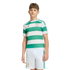 A young person modeling a Celtic FC soccer kit with green and white hoops, gold logos, and white shorts against a plain white background.