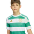 A young boy wearing a green and white striped Celtic FC soccer jersey with gold logos, set against a plain white background.