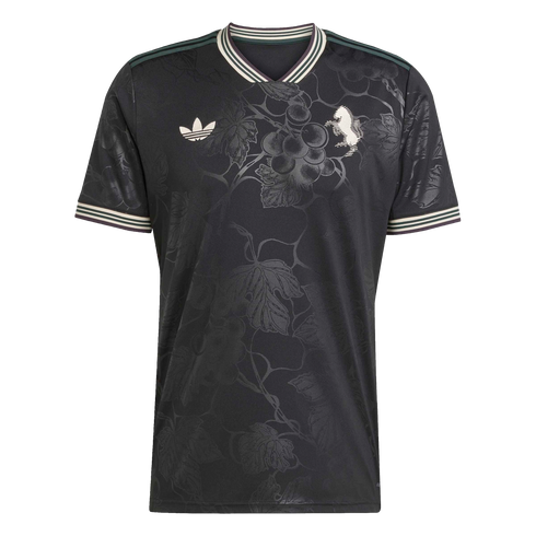 Black Adidas soccer jersey with tonal grape vine patterns, a white crest, and green and white striped collar and cuffs.
