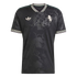 Black Adidas soccer jersey with tonal grape vine patterns, a white crest, and green and white striped collar and cuffs.