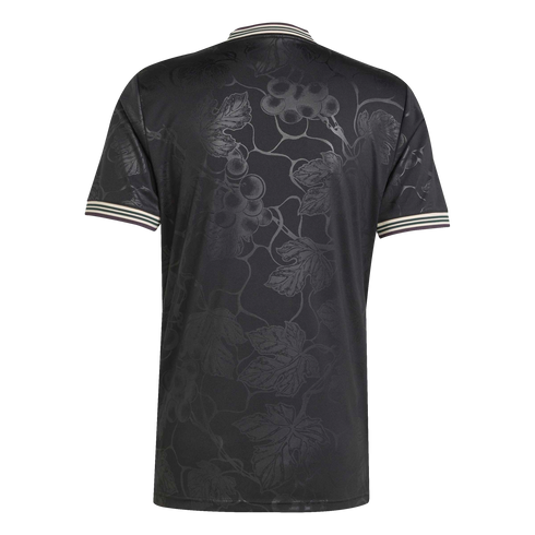 Back view of a black short-sleeved jersey with a tonal grapevine and leaf pattern. White and maroon stripes accent the collar and sleeve cuffs.