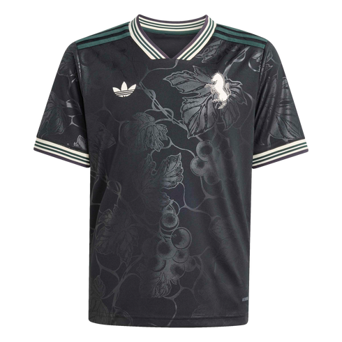 Black Adidas jersey with a tonal grapevine print, white logos, and teal-and-white striped V-neck and sleeve cuffs.
