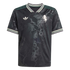 Black Adidas jersey with a tonal grapevine print, white logos, and teal-and-white striped V-neck and sleeve cuffs.