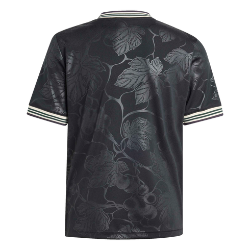 Back of a black t-shirt with a subtle tonal grape leaf and vine pattern. The cuffs and collar feature white and green striped detailing.