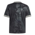 Back of a black t-shirt with a subtle tonal grape leaf and vine pattern. The cuffs and collar feature white and green striped detailing.