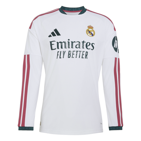 Long-sleeved white Real Madrid home jersey featuring dark red shoulder stripes, dark green collar and cuffs, and the Emirates sponsor logo across the chest.