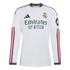Long-sleeved white Real Madrid home jersey featuring dark red shoulder stripes, dark green collar and cuffs, and the Emirates sponsor logo across the chest.