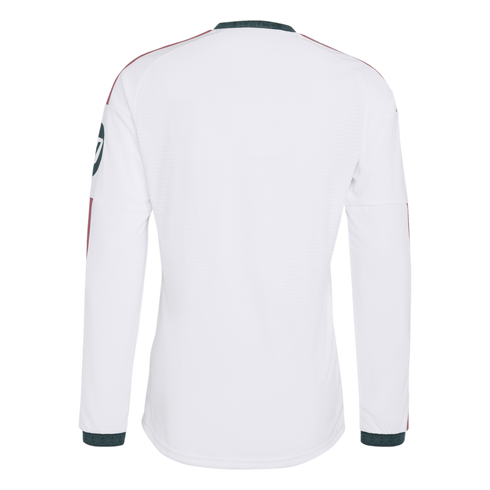 Back view of a white long-sleeved athletic jersey featuring dark green collar and cuffs and maroon shoulder accents.