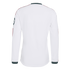 Back view of a white long-sleeved athletic jersey featuring dark green collar and cuffs and maroon shoulder accents.