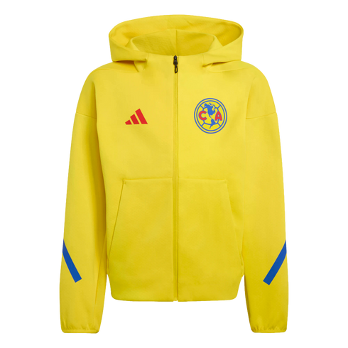 Yellow Adidas zip-up hoodie featuring a Club América crest and red logo. It has a hood, side pockets, and blue diagonal stripes on the lower sleeves.