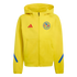 Yellow Adidas zip-up hoodie featuring a Club América crest and red logo. It has a hood, side pockets, and blue diagonal stripes on the lower sleeves.