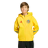 A boy wearing a yellow Club América adidas zip-up hoodie and black pants against a black background.