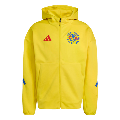 Bright yellow Adidas full-zip hoodie featuring the Club América crest on the left chest and a red logo on the right.