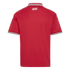 Back of a red short-sleeved jersey with white shoulder stripes, striped trim on the collar and cuffs, and the word "UNITED" printed in white below the collar.
