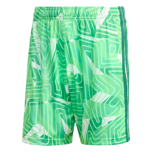 Green athletic shorts with an abstract geometric pattern in shades of green and white, featuring an elastic waistband and three vertical side stripes.