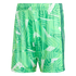 Green athletic shorts with an abstract geometric pattern in shades of green and white, featuring an elastic waistband and three vertical side stripes.