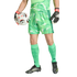 Goalkeeper in a green patterned soccer kit and gloves holding a soccer ball.