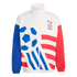 A white Adidas zip-up windbreaker jacket featuring the 1994 World Cup USA logo on the chest. The jacket has a solid blue right sleeve, a solid red left sleeve, and a large graphic design on the front with a blue soccer ball pattern and red horizontal stri