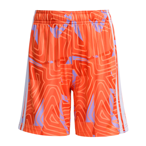 Orange athletic shorts with a geometric wavy pattern in shades of orange and lavender, featuring three white stripes down each side and an elastic waist.
