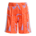 Orange athletic shorts with a geometric wavy pattern in shades of orange and lavender, featuring three white stripes down each side and an elastic waist.