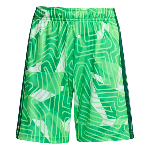 Green athletic shorts with an all-over geometric pattern of lime and forest green lines, featuring an elastic waistband and dark green side stripes.