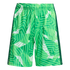 Green athletic shorts with an all-over geometric pattern of lime and forest green lines, featuring an elastic waistband and dark green side stripes.