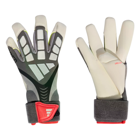 Front and back views of grey and white Adidas goalkeeper gloves with red accents. One side shows the textured backhand with logo, the other shows the white palm.